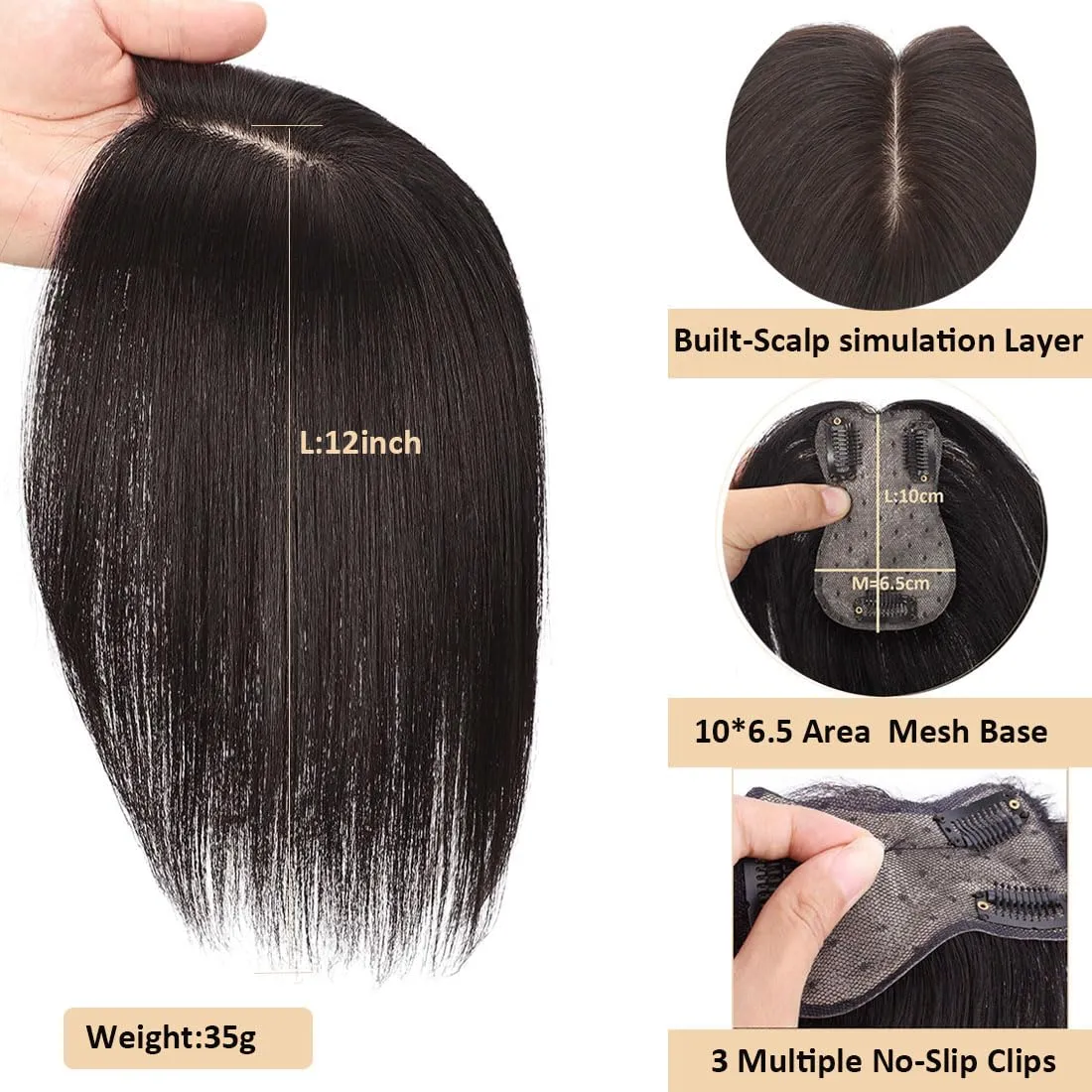 Hair Toppers for Women Real Human Hair,360°3D Clips in No Bangs Human Hair Topper,7 * 11 Realistic Bionic Scalp Hair Toppers for Women With Thinning Hair (12inch #Black Brown