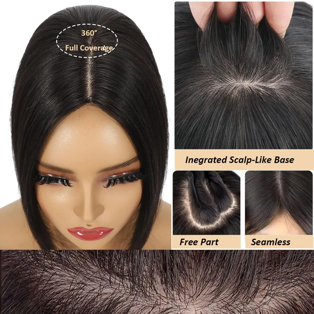 Hair Toppers for Women Real Human Hair,360°3D Clips in No Bangs Human Hair Topper,7 * 11 Realistic Bionic Scalp Hair Toppers for Women With Thinning Hair (12inch #Black Brown