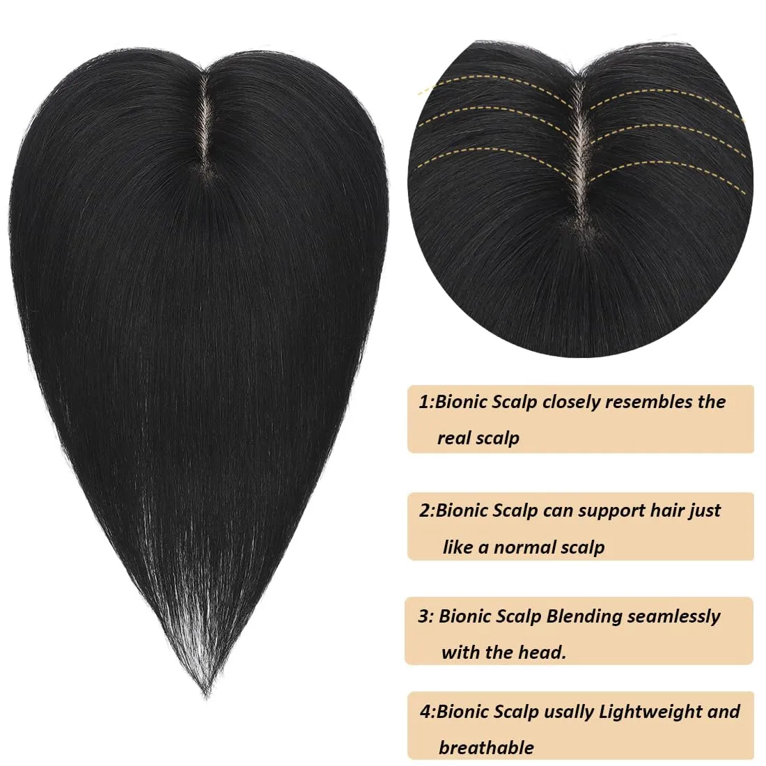 Hair Toppers for Women Real Human Hair,360°3D Clips in No Bangs Human Hair Topper,7 * 11 Realistic Bionic Scalp Hair Toppers for Women With Thinning Hair (12inch #Black