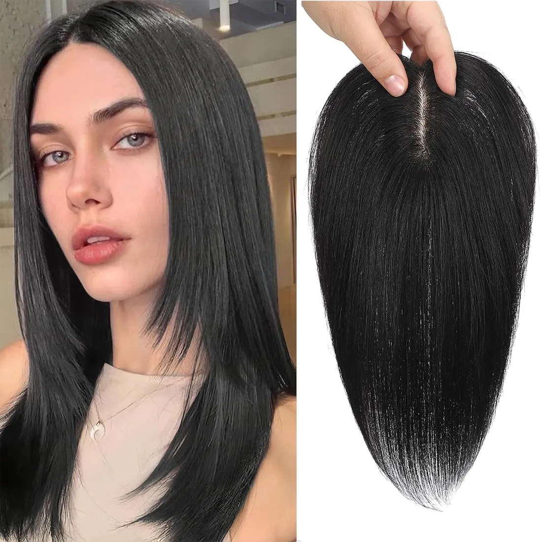 Hair Toppers for Women Real Human Hair,360°3D Clips in No Bangs Human Hair Topper,7 * 11 Realistic Bionic Scalp Hair Toppers for Women With Thinning Hair (12inch #Black