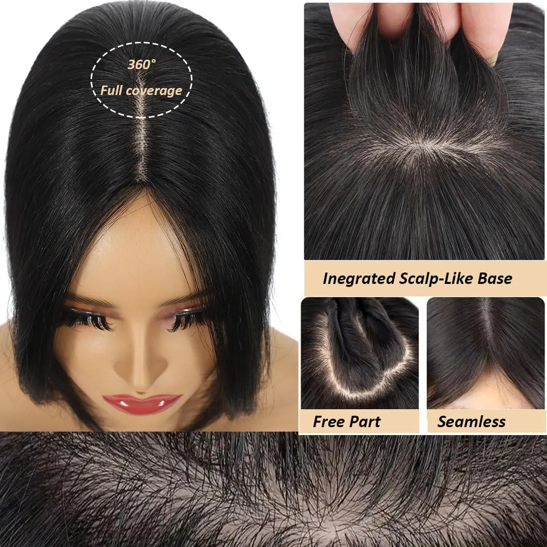 Hair Toppers for Women Real Human Hair,360°3D Clips in No Bangs Human Hair Topper,7 * 11 Realistic Bionic Scalp Hair Toppers for Women With Thinning Hair (12inch #Black