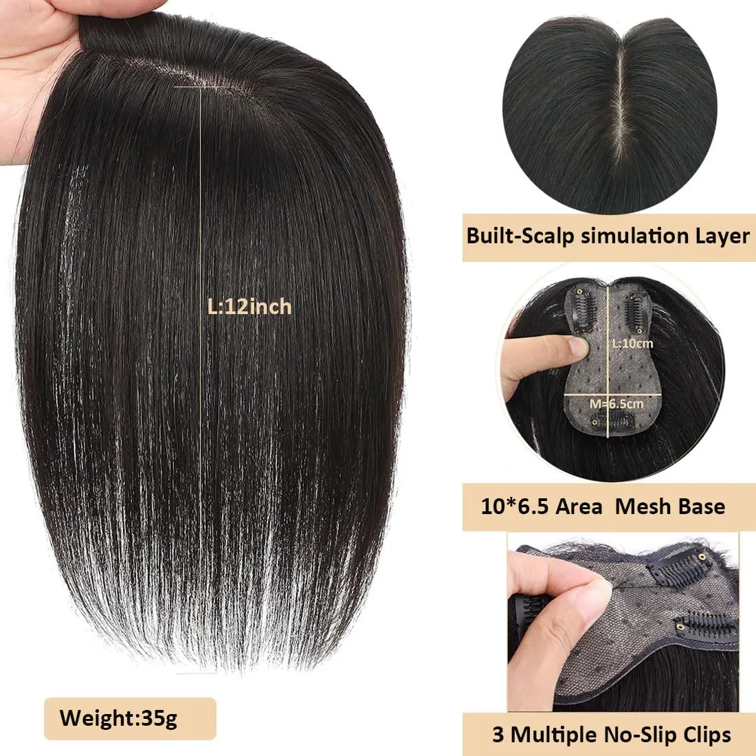 Hair Toppers for Women Real Human Hair,360°3D Clips in No Bangs Human Hair Topper,7 * 11 Realistic Bionic Scalp Hair Toppers for Women With Thinning Hair (12inch #Black