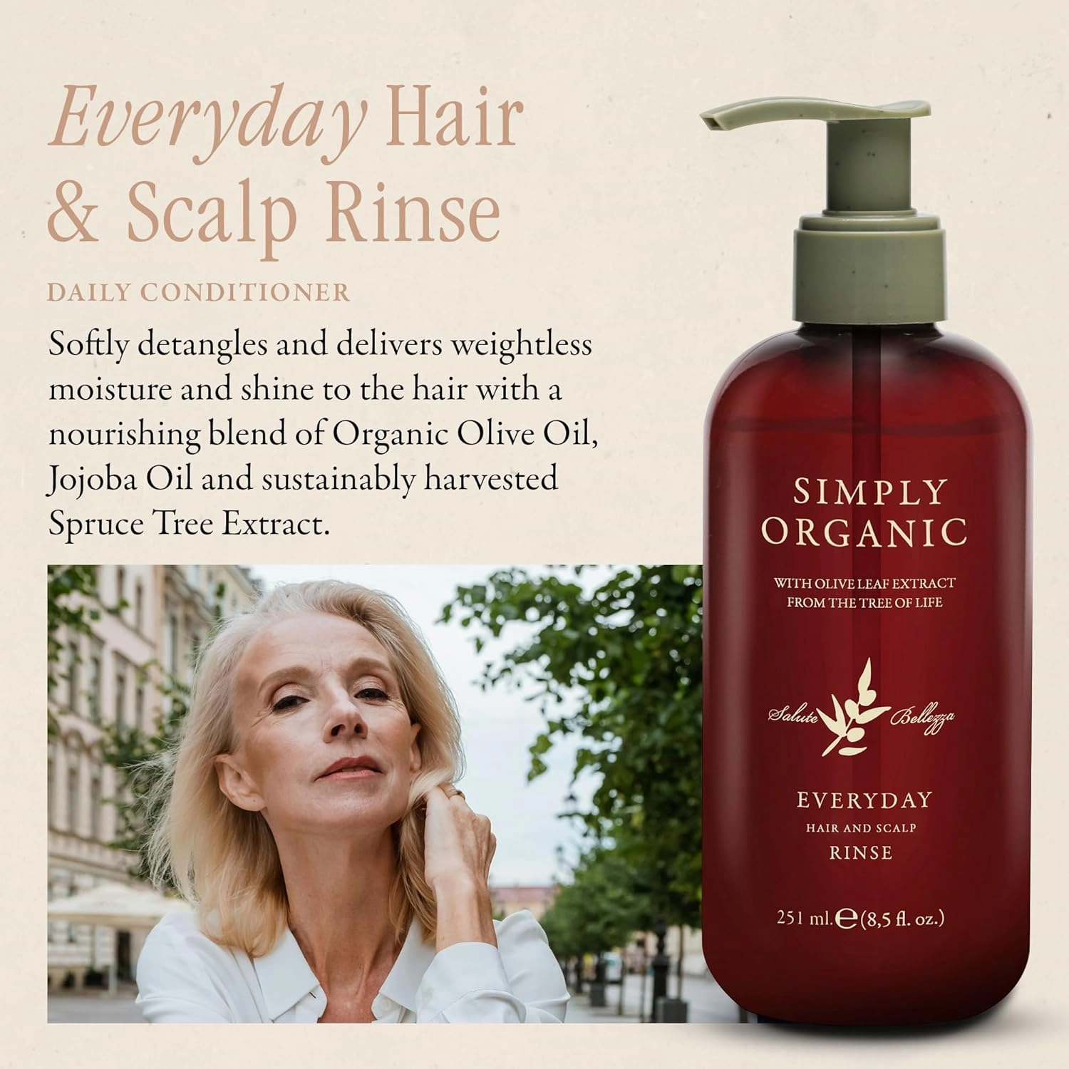 Hair & Scalp Rinse Daily Conditioner, Made in Italy, All Natural Cruelty Free Hair Care for Women & Men, Organic Olive Oil, Jojoba Oil, Spruce Tree Extract, 251ml/8.5floz, EVERYDAY