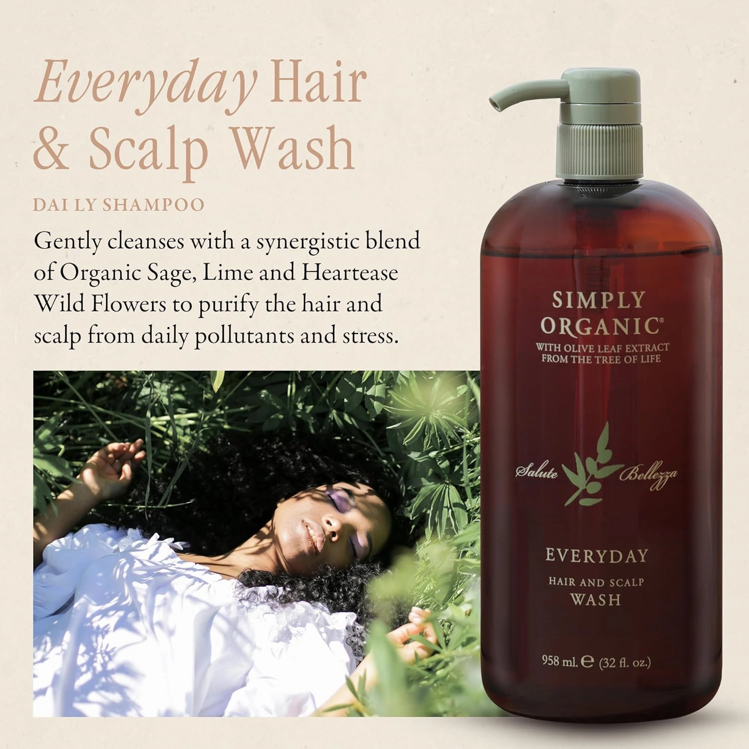 Hair & Scalp Wash Shampoo Made in Italy, All Natural Cruelty Free Hair Care for Women & Men with Organic Sage, Lime, Wildflowers & Olive Leaf Extract, 958ml/32floz, EVERYDAY