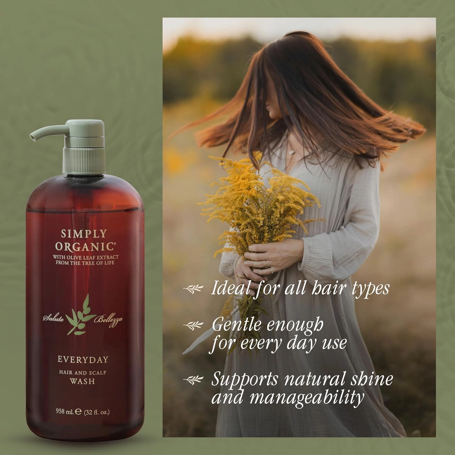 Hair & Scalp Wash Shampoo Made in Italy, All Natural Cruelty Free Hair Care for Women & Men with Organic Sage, Lime, Wildflowers & Olive Leaf Extract, 958ml/32floz, EVERYDAY