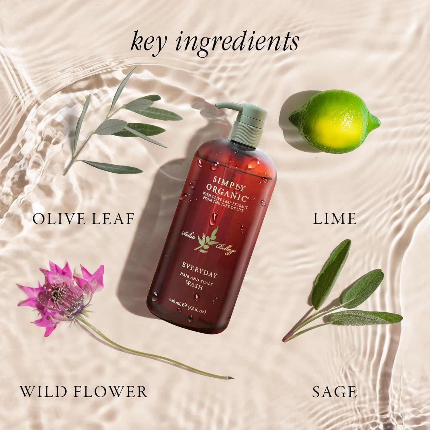 Hair & Scalp Wash Shampoo Made in Italy, All Natural Cruelty Free Hair Care for Women & Men with Organic Sage, Lime, Wildflowers & Olive Leaf Extract, 958ml/32floz, EVERYDAY