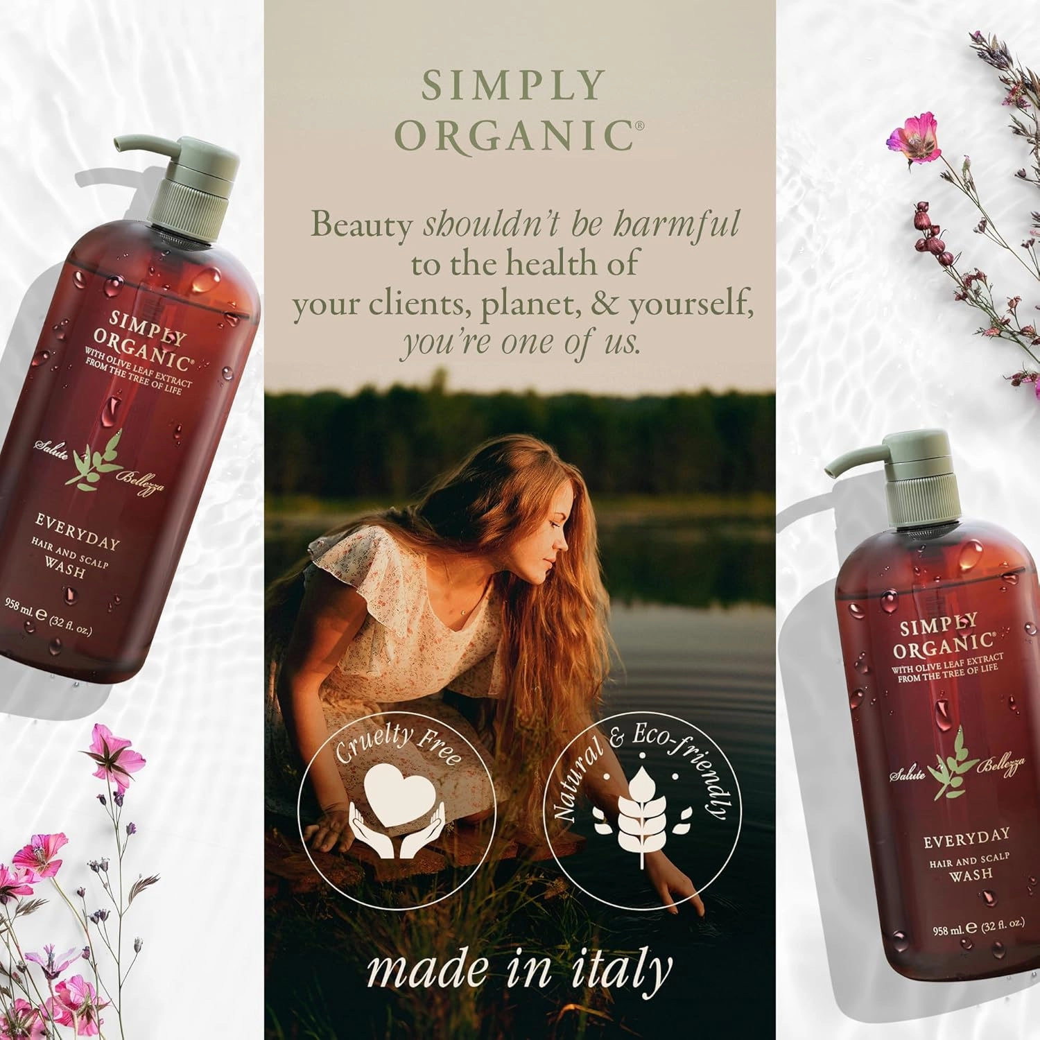 Hair & Scalp Wash Shampoo Made in Italy, All Natural Cruelty Free Hair Care for Women & Men with Organic Sage, Lime, Wildflowers & Olive Leaf Extract, 958ml/32floz, EVERYDAY