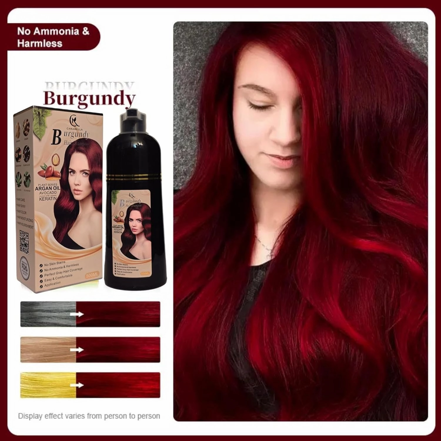 Hair Color Shampoo (Burgundy) – Argan Oil, Avocado & Keratin | No Ammonia | Perfect Grey Coverage | Hair Moisturizing & Nourishment | Easy At-Home Application
