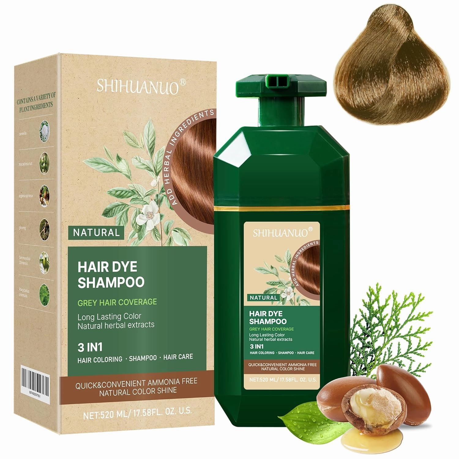 Hair Dye Shampoo 3 in 1 for Gray Hair Coverage, Herbal Ingredients Natural Shampoo Hair Dye for Women & Men/Ammonia-Free 520ml(Linen)