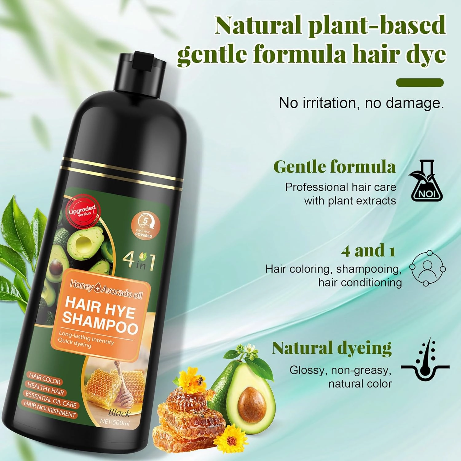 Hair Dye Shampoo 3 in 1 for Women & Men 100% Gray Hair Coverage - Herbal Ingredients Natural Plant Hair Color - Hair Dye in Minutes 500ML（Black）