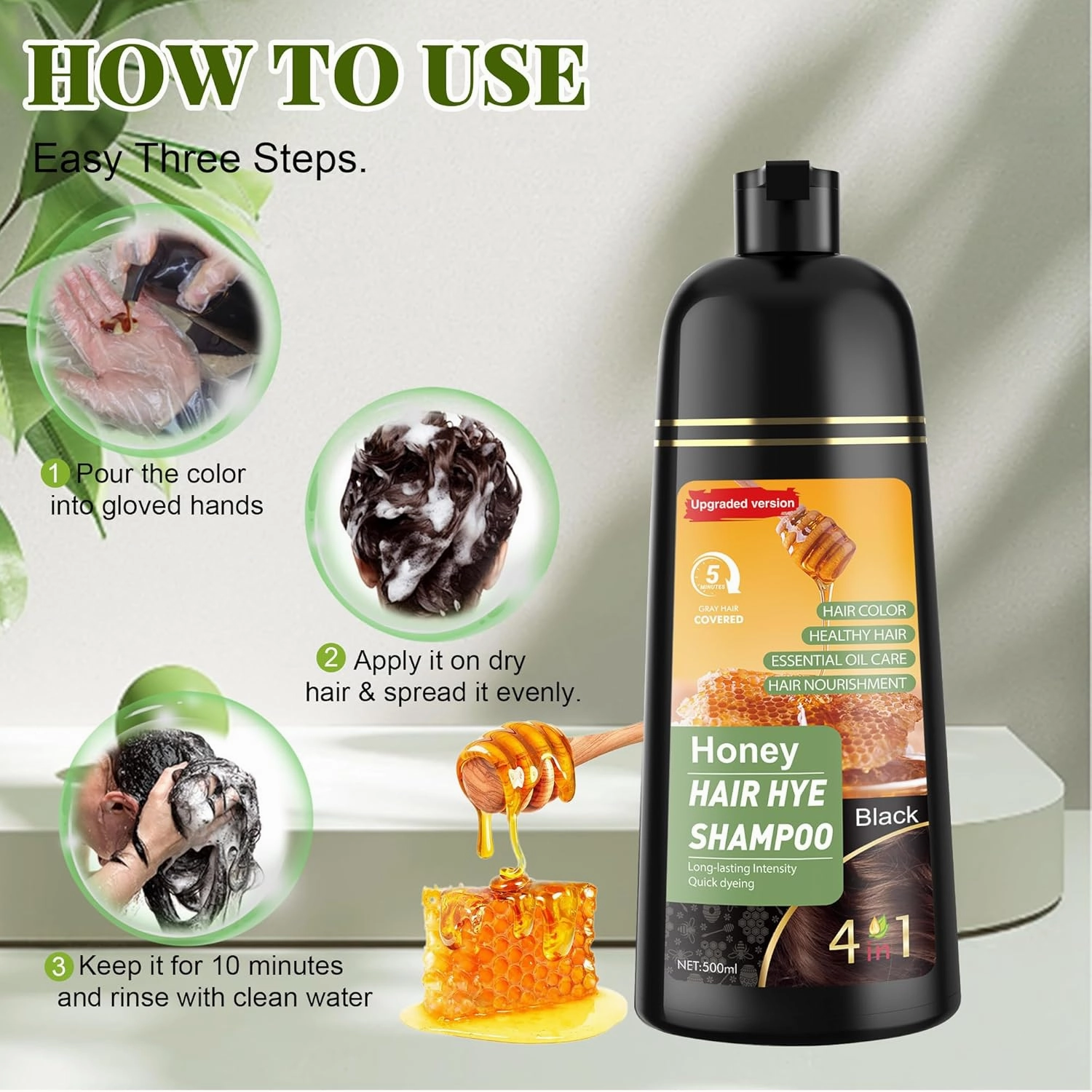 Hair Dye Shampoo 3 in 1 for Women & Men 100% Gray Hair Coverage - Herbal Ingredients Natural Plant Hair Color - Hair Dye in Minutes 500ML（Black）