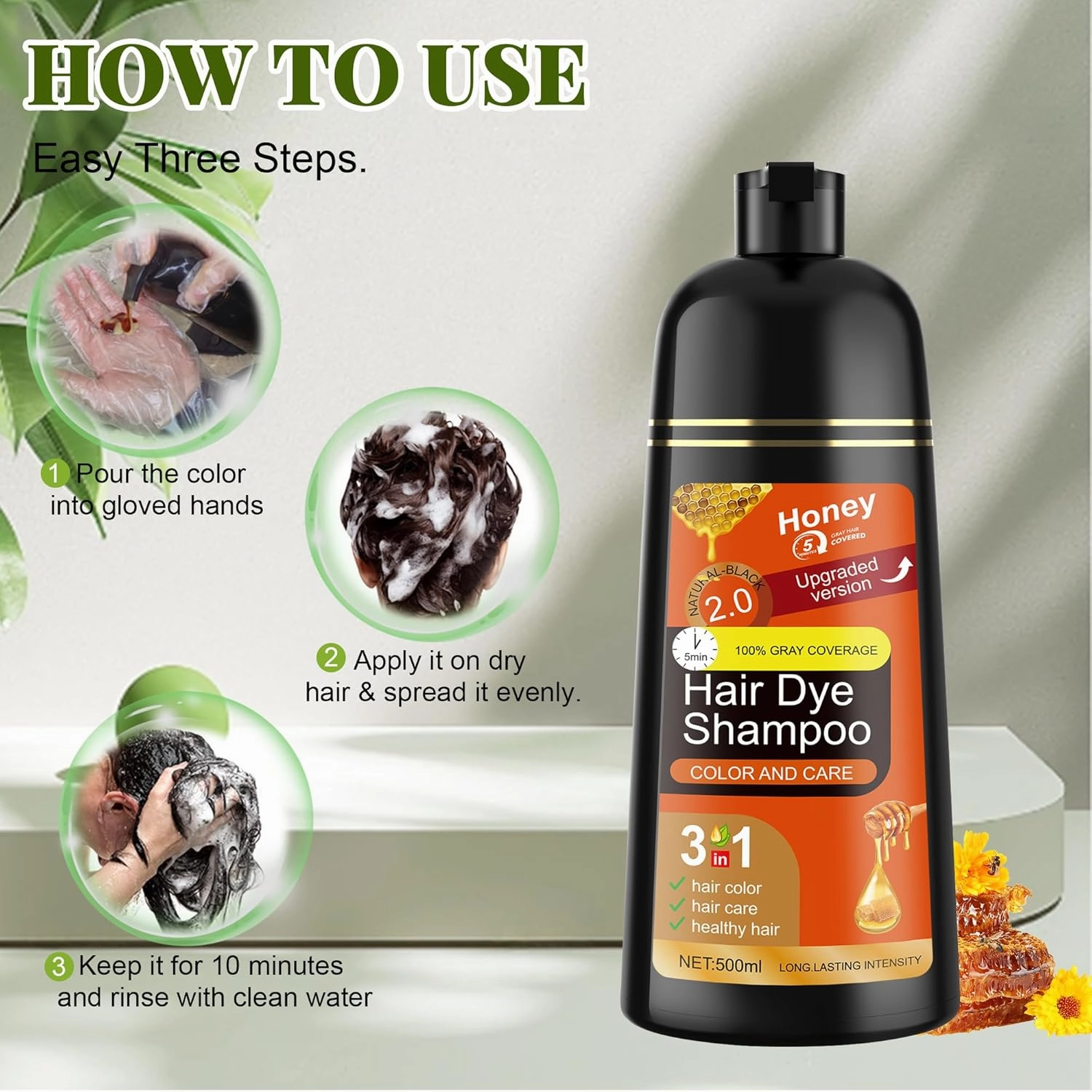 Hair Dye Shampoo 3 in 1 for Women & Men 100% Gray Hair Coverage - Herbal Ingredients Natural Plant Hair Color - Hair Dye in Minutes 500ML（Black）