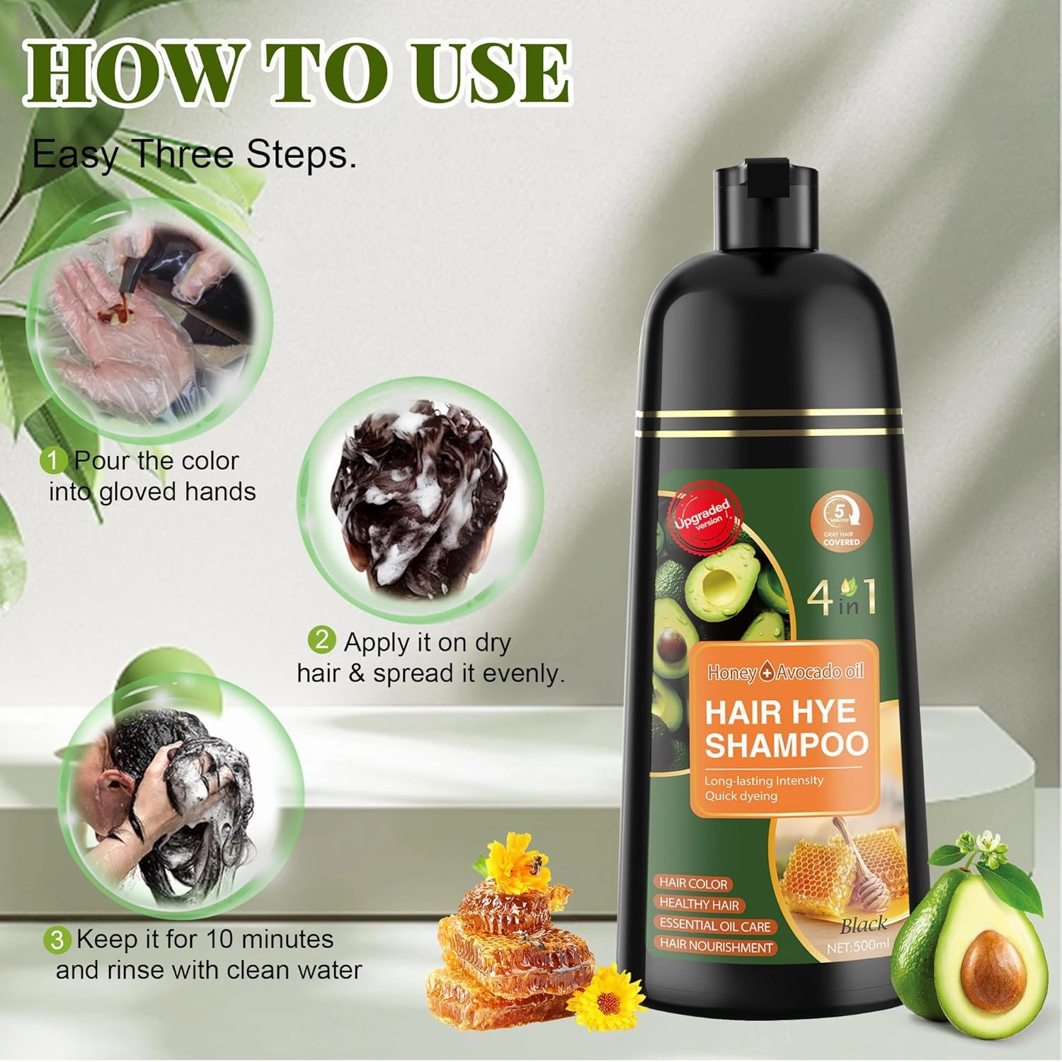 Hair Dye Shampoo 3 in 1 for Women & Men 100% Gray Hair Coverage - Herbal Ingredients Natural Plant Hair Color - Hair Dye in Minutes 500ML（Black）