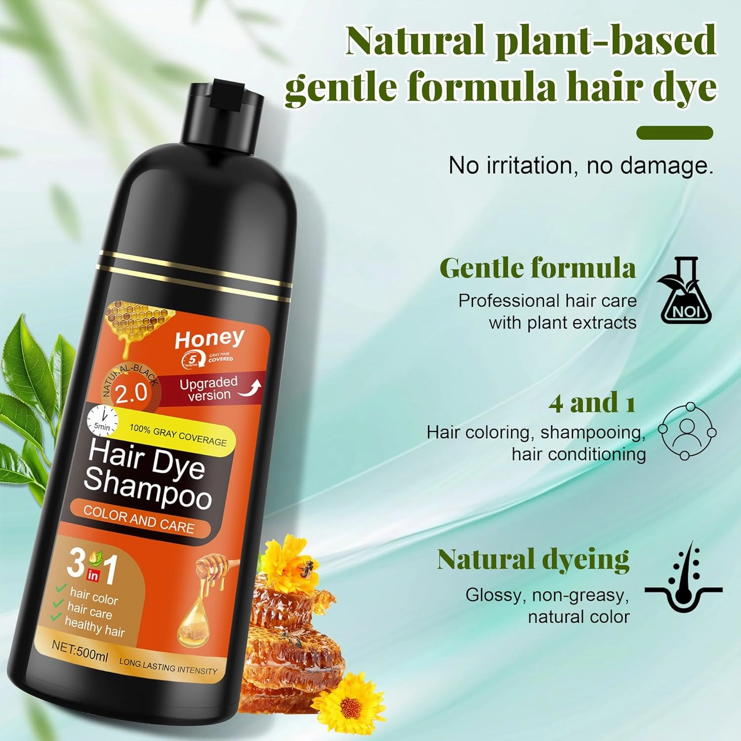 Hair Dye Shampoo 3 in 1 for Women & Men 100% Gray Hair Coverage - Herbal Ingredients Natural Plant Hair Color - Hair Dye in Minutes 500ML（Black）