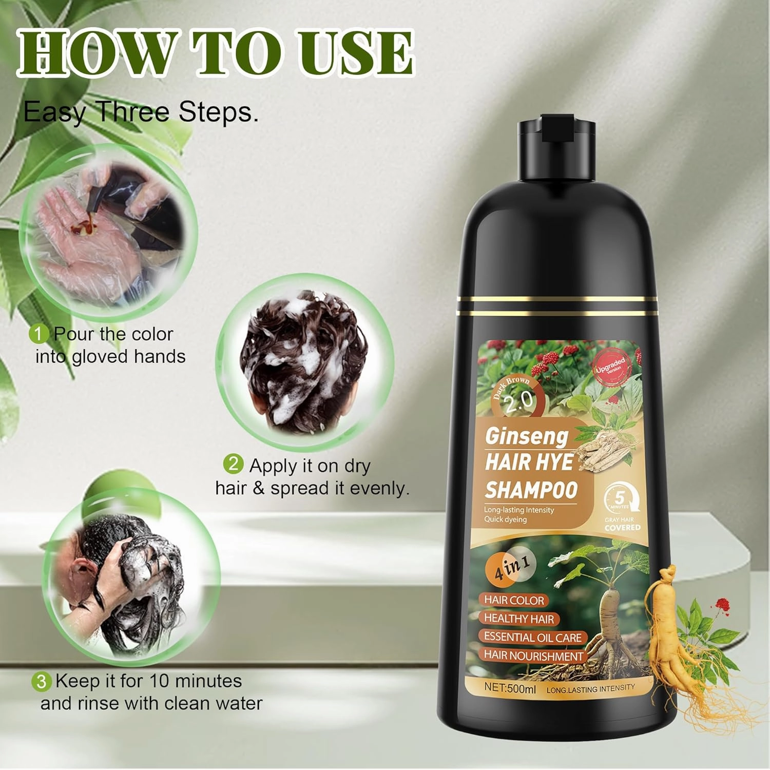 Hair Dye Shampoo 3 in 1 for Women & Men 100% Gray Hair Coverage - Herbal Ingredients Natural Plant Hair Color - Hair Dye in Minutes 500ML （Dark Brown）