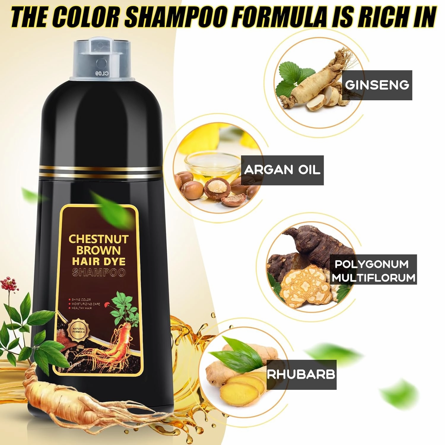 Hair Dye Shampoo 3 in 1, Herbal Shampoo Hair Dye for Women Men, Grey Coverage Shampoo 16.9fl oz (Chestnut Brown)