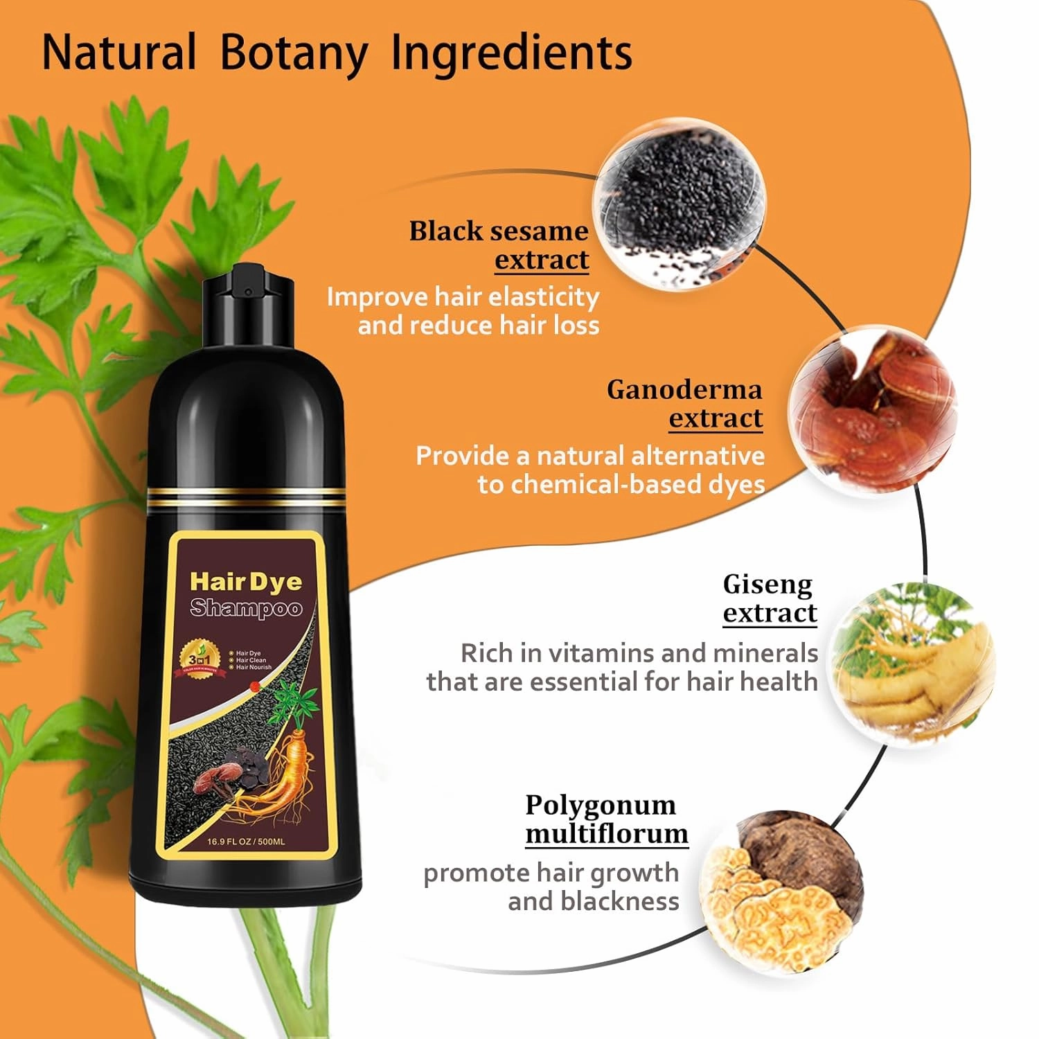Hair Dye Shampoo 3 in 1, Long-Lasting Gray Coverage, Natural Black Hair Dye Hair Color Shampoo with Herbal Ingredients, Easy Application Shampoo Para Canas for Women Men 16.9 Fl Oz