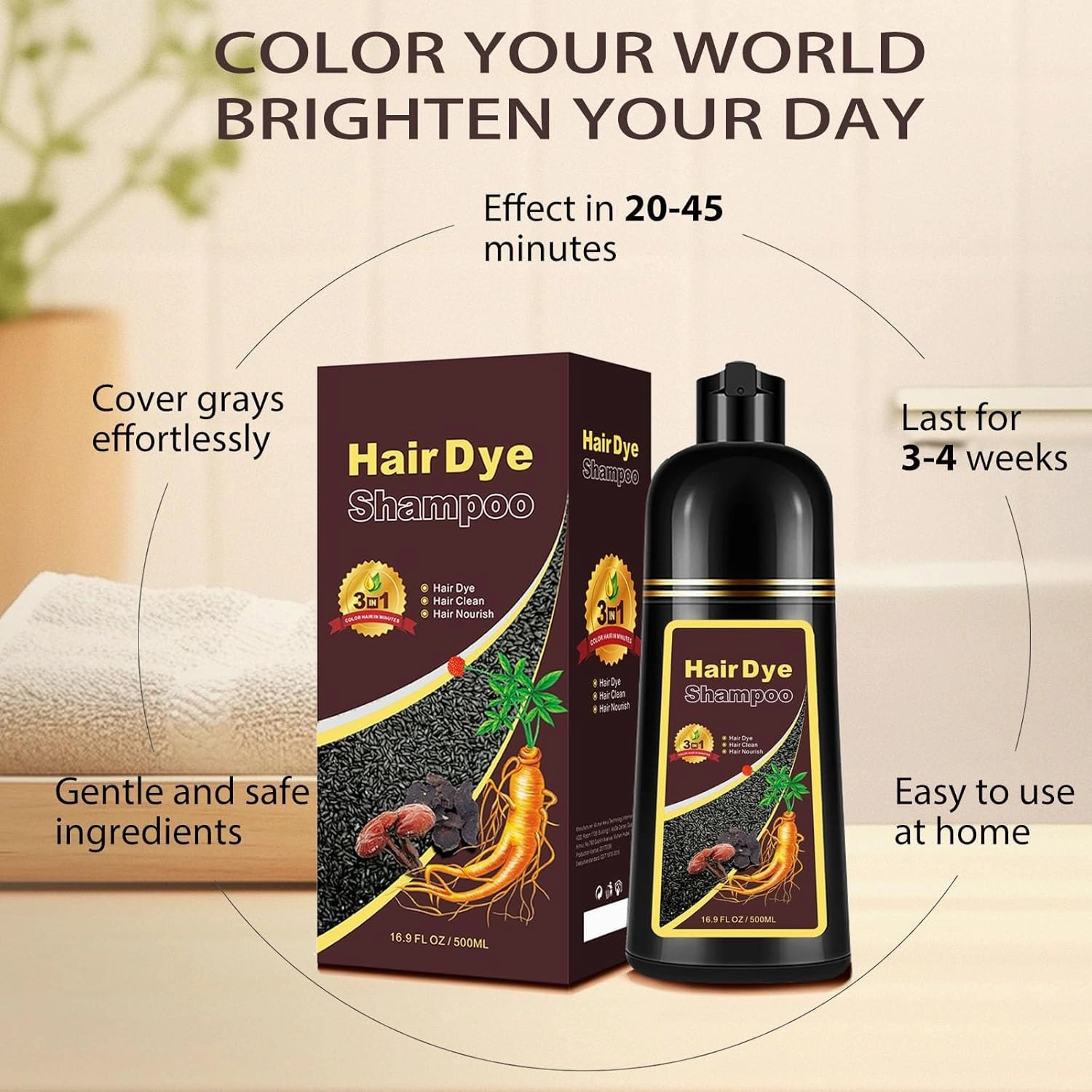Hair Dye Shampoo Cherry Brown, 3 in 1 Long-Lasting Hair Color Shampoo with Herbal Ingredients, Instant Natural Color, Easy Application at home for Women Men 16.9 Fl Oz