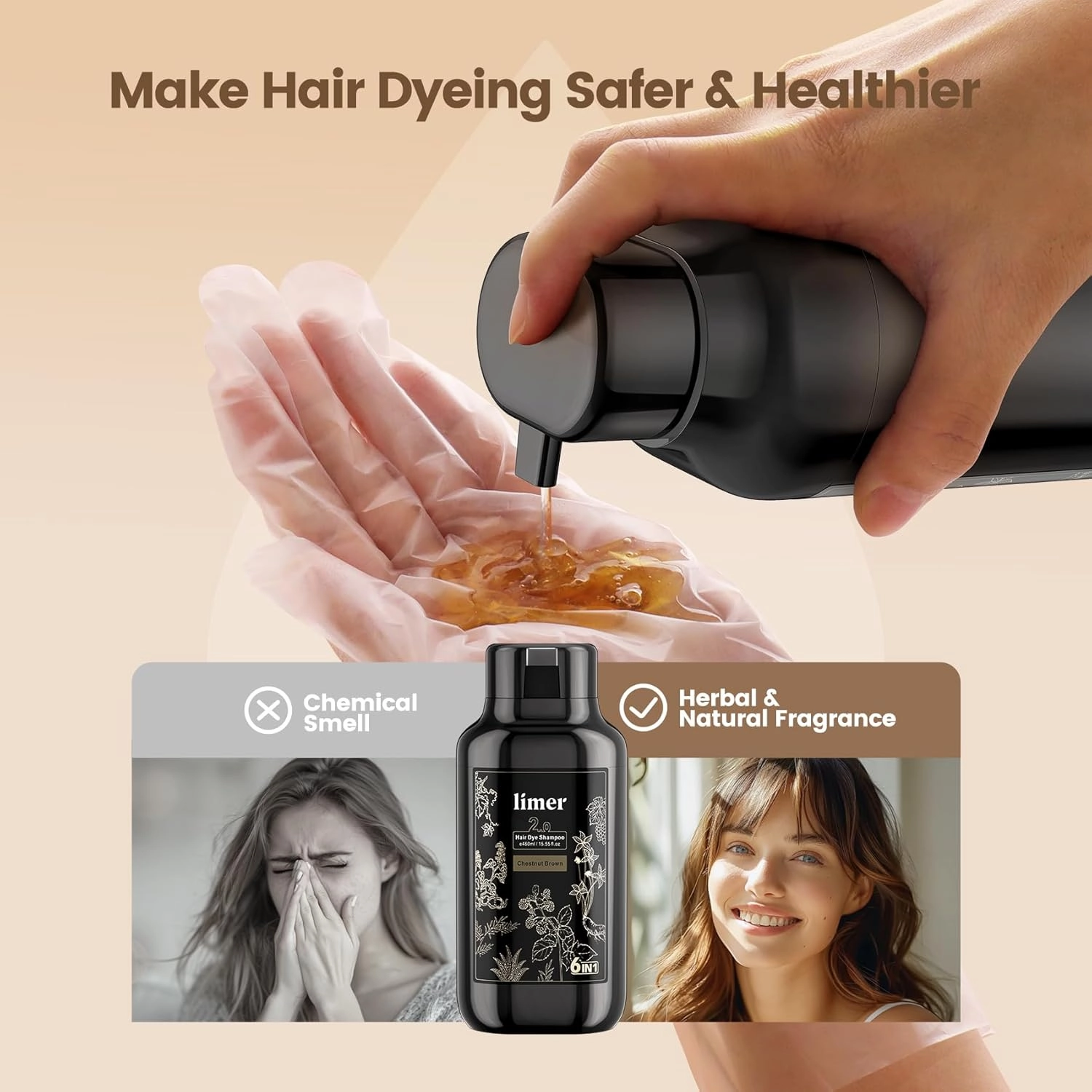 Hair Dye Shampoo,Chestnut Brown 6-in-1 Natural Herbal Hair Color Shampoo,Semi-Permanent Gray Coverage with Pleasant Scent,Ammonia-Free Formula for Women & Men (460ml/15.55fl oz)