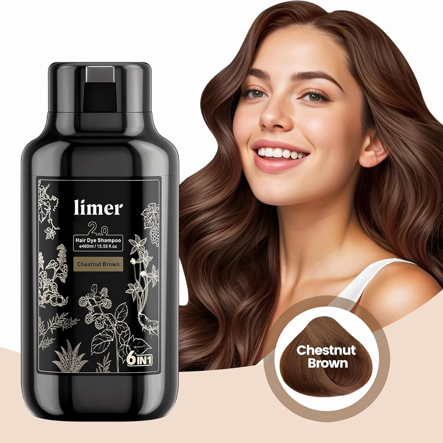 Hair Dye Shampoo,Chestnut Brown 6-in-1 Natural Herbal Hair Color Shampoo,Semi-Permanent Gray Coverage with Pleasant Scent,Ammonia-Free Formula for Women & Men (460ml/15.55fl oz)