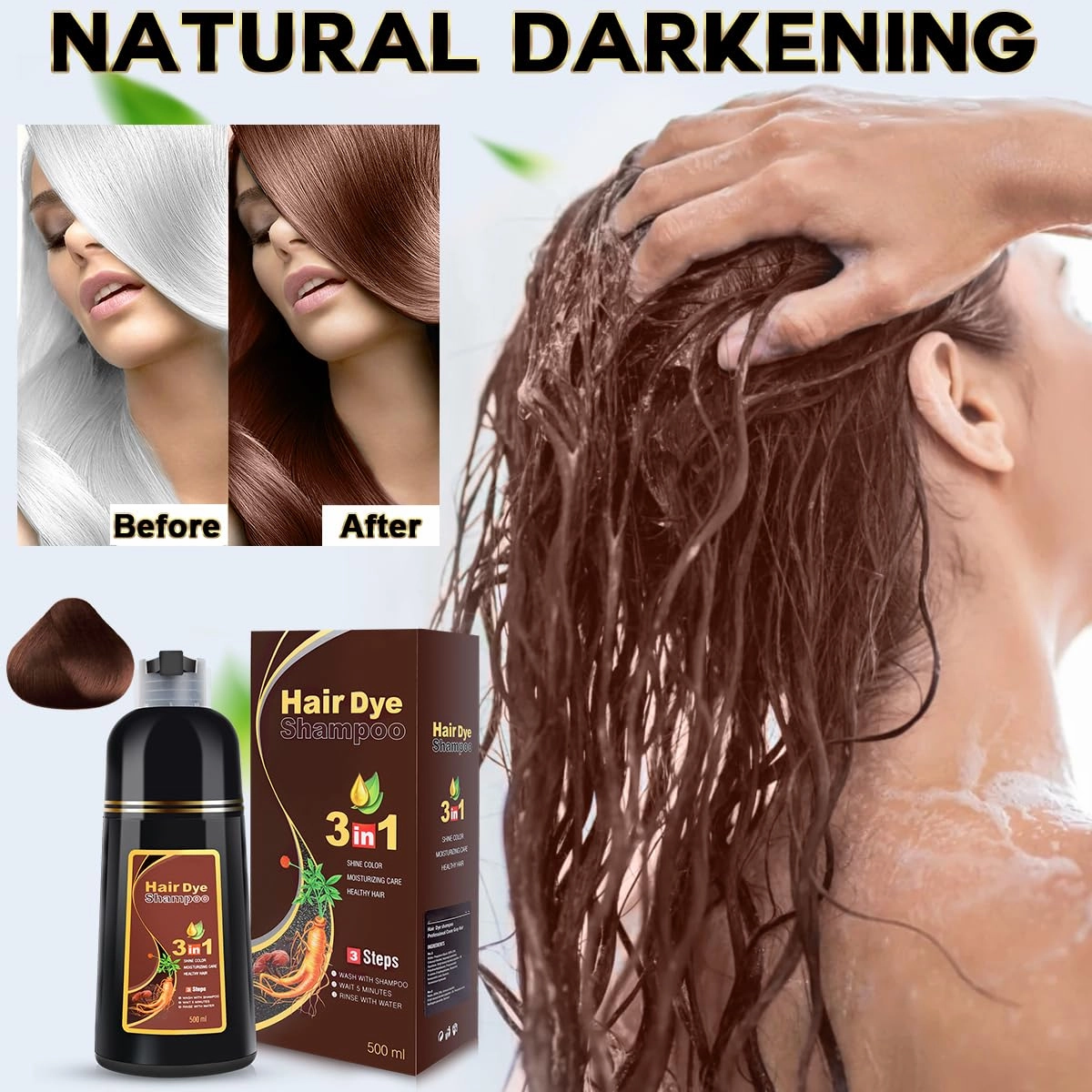 Hair Dye Shampoo Chestnut Brown Hair Color Shampoo for Gray Hair Coverage Herbal Hair Dye Shampoo 3 in 1 for Men and Women, Instant Color Shampoo