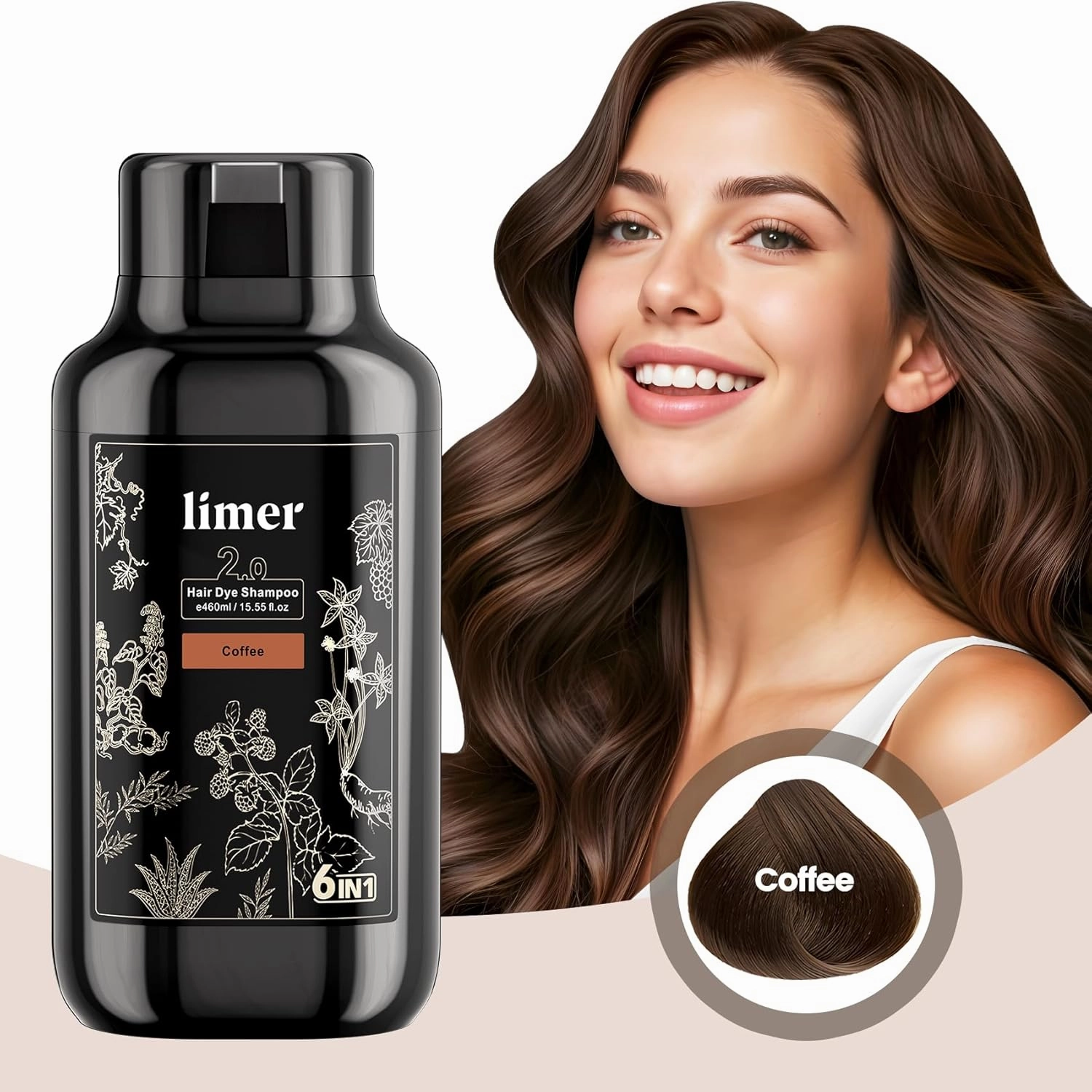 Hair Dye Shampoo,Coffee Color 6-in-1 Natural Herbal Hair Color Shampoo,Semi-Permanent Gray Coverage with Pleasant Scent,Ammonia-Free Formula for Women & Men (460ml/15.55fl oz)