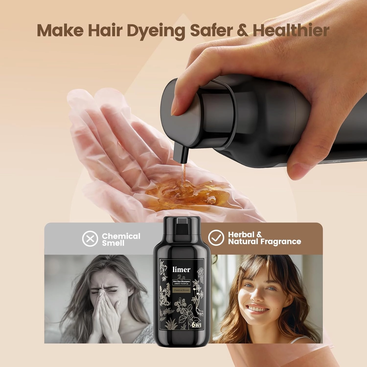 Hair Dye Shampoo,Coffee Color 6-in-1 Natural Herbal Hair Color Shampoo,Semi-Permanent Gray Coverage with Pleasant Scent,Ammonia-Free Formula for Women & Men (460ml/15.55fl oz)
