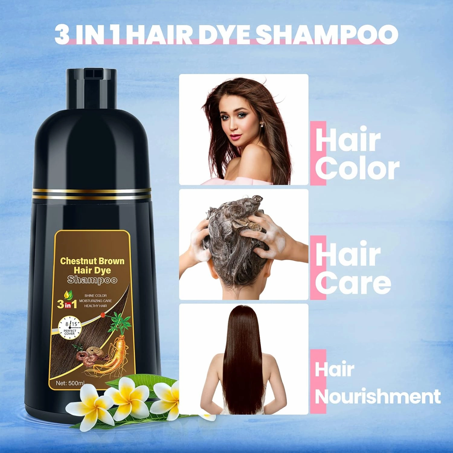 Hair Dye Shampoo for Gray Hair Coverage, 3-in-1 Semi-Permanent Color Shampoo for Women & Men Chestnut Brown