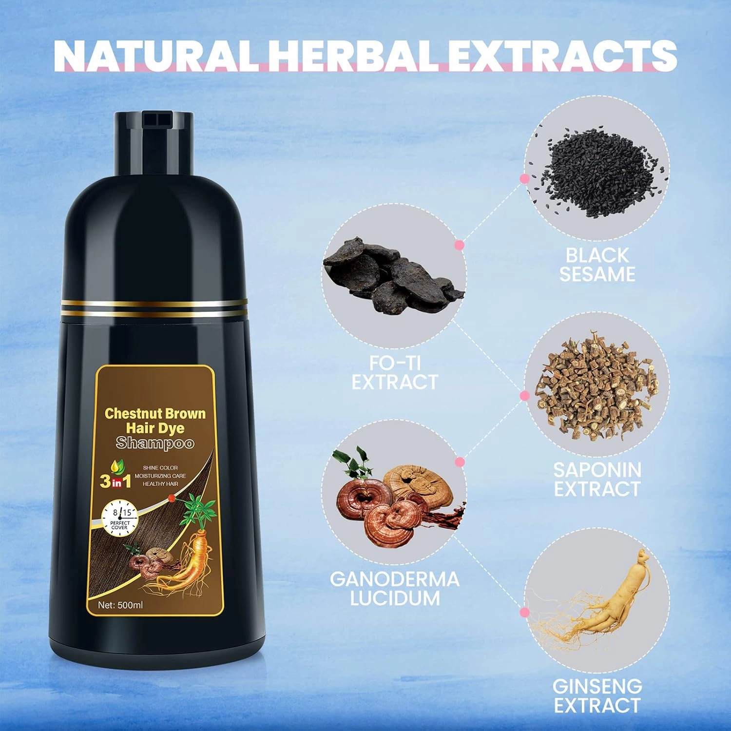 Hair Dye Shampoo for Gray Hair Coverage, 3-in-1 Semi-Permanent Color Shampoo for Women & Men Chestnut Brown