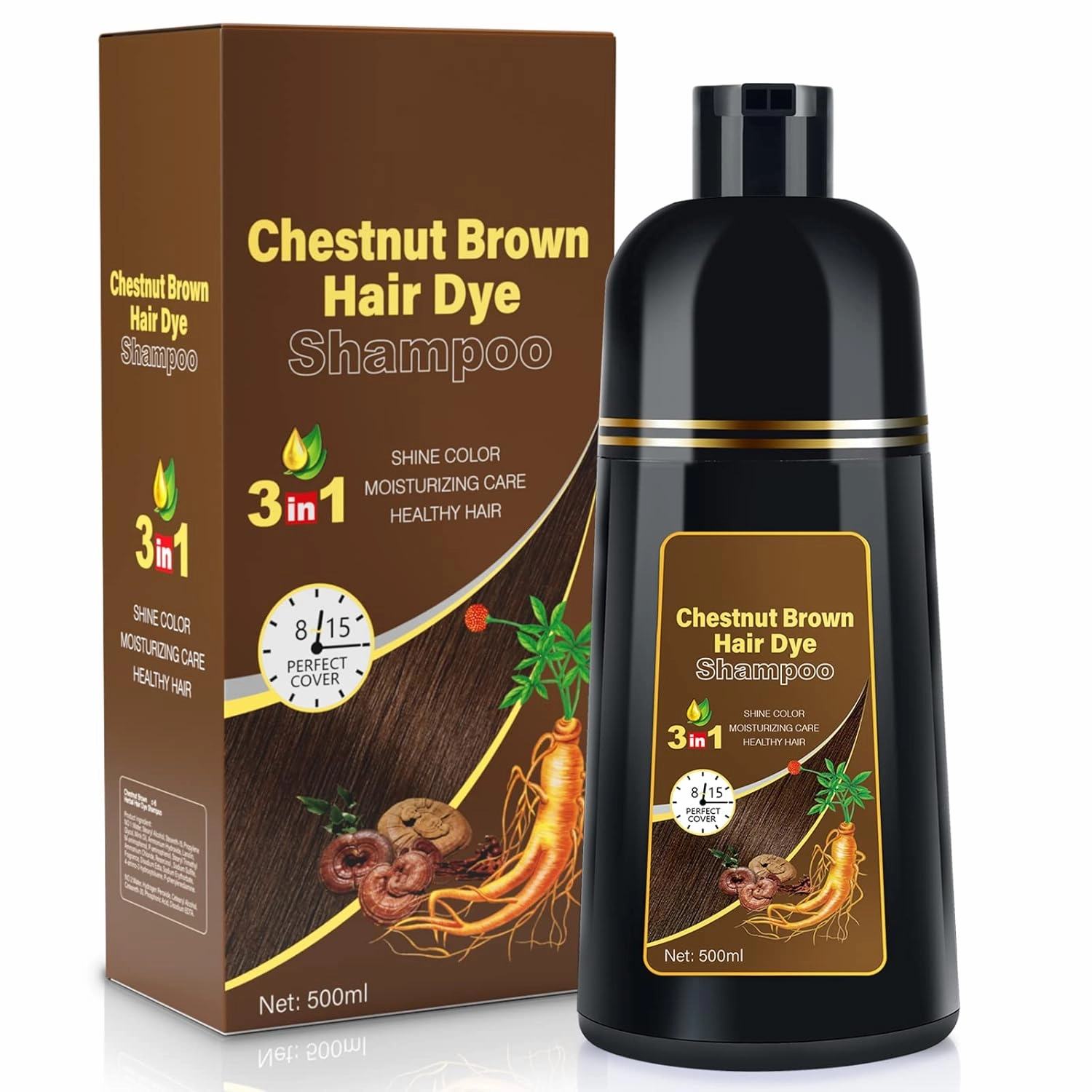 Hair Dye Shampoo for Gray Hair Coverage, 3-in-1 Semi-Permanent Color Shampoo for Women & Men Chestnut Brown