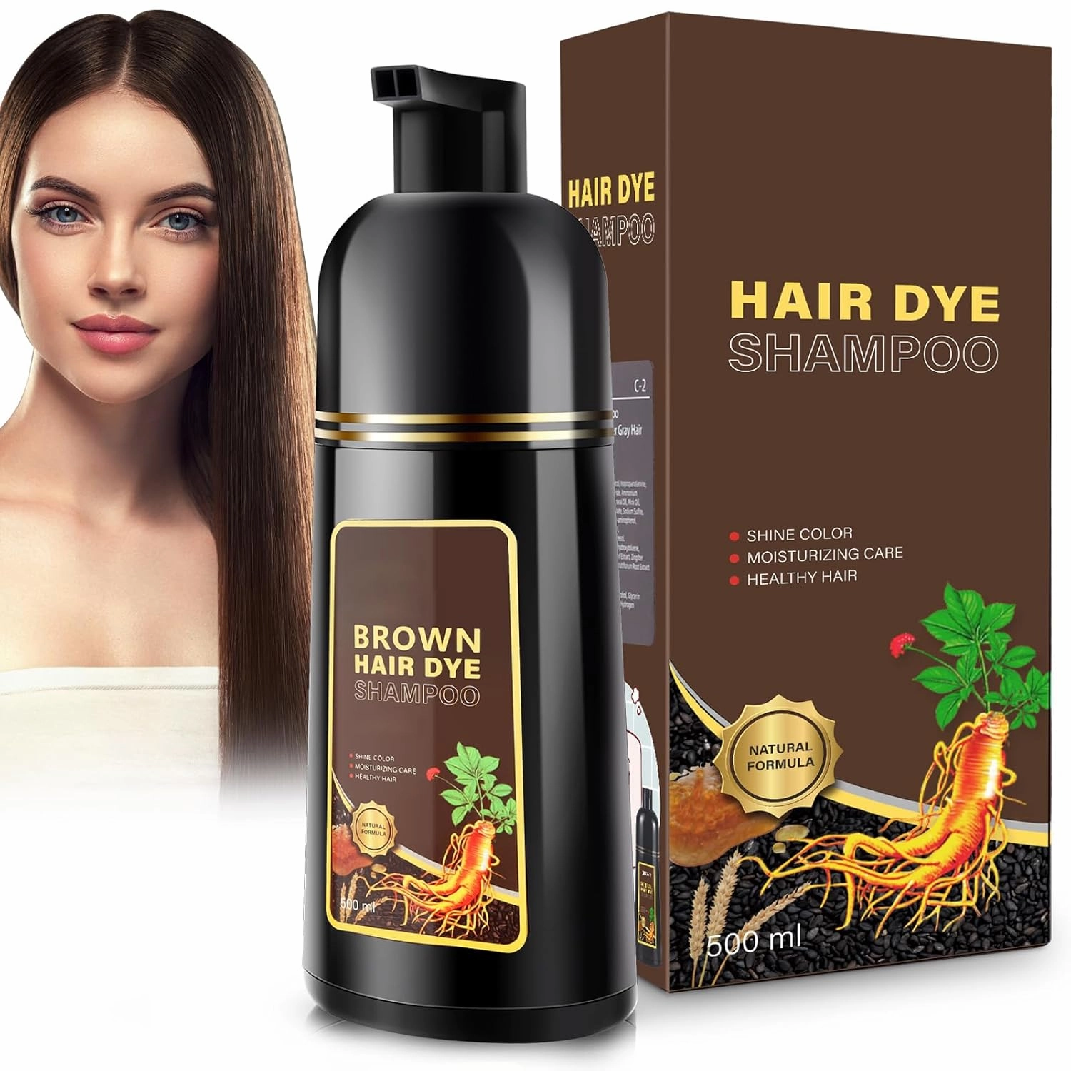 Hair Dye Shampoo for Gray Hair, Hair Color Shampoo for Women Men Gray Coverage, Herbal Ingredients 3 in 1 Black Hair Dye 500ml (Brown)