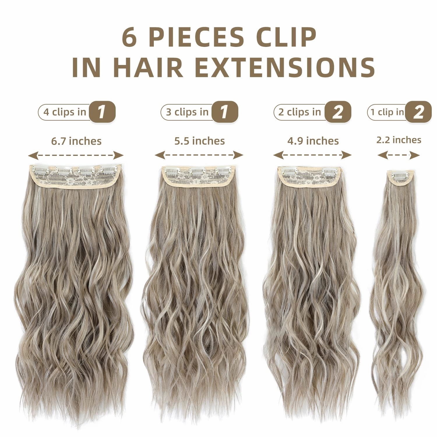 Hair Extensions Clip ins, 6 PCS Wavy Extensions, Light Gray&Ash Blonde&Light Brown Thick Hair, Blends Well Hair Extensions (20Inch, 6PCS, Gray Brown&Ash Blonde)