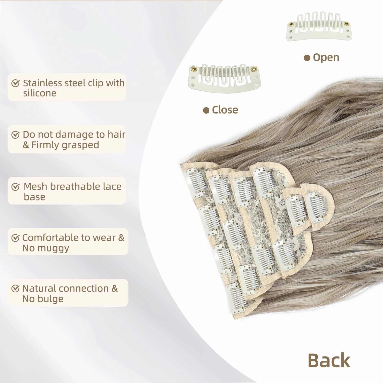 Hair Extensions Clip ins, 6 PCS Wavy Extensions, Light Gray&Ash Blonde&Light Brown Thick Hair, Blends Well Hair Extensions (20Inch, 6PCS, Gray Brown&Ash Blonde)