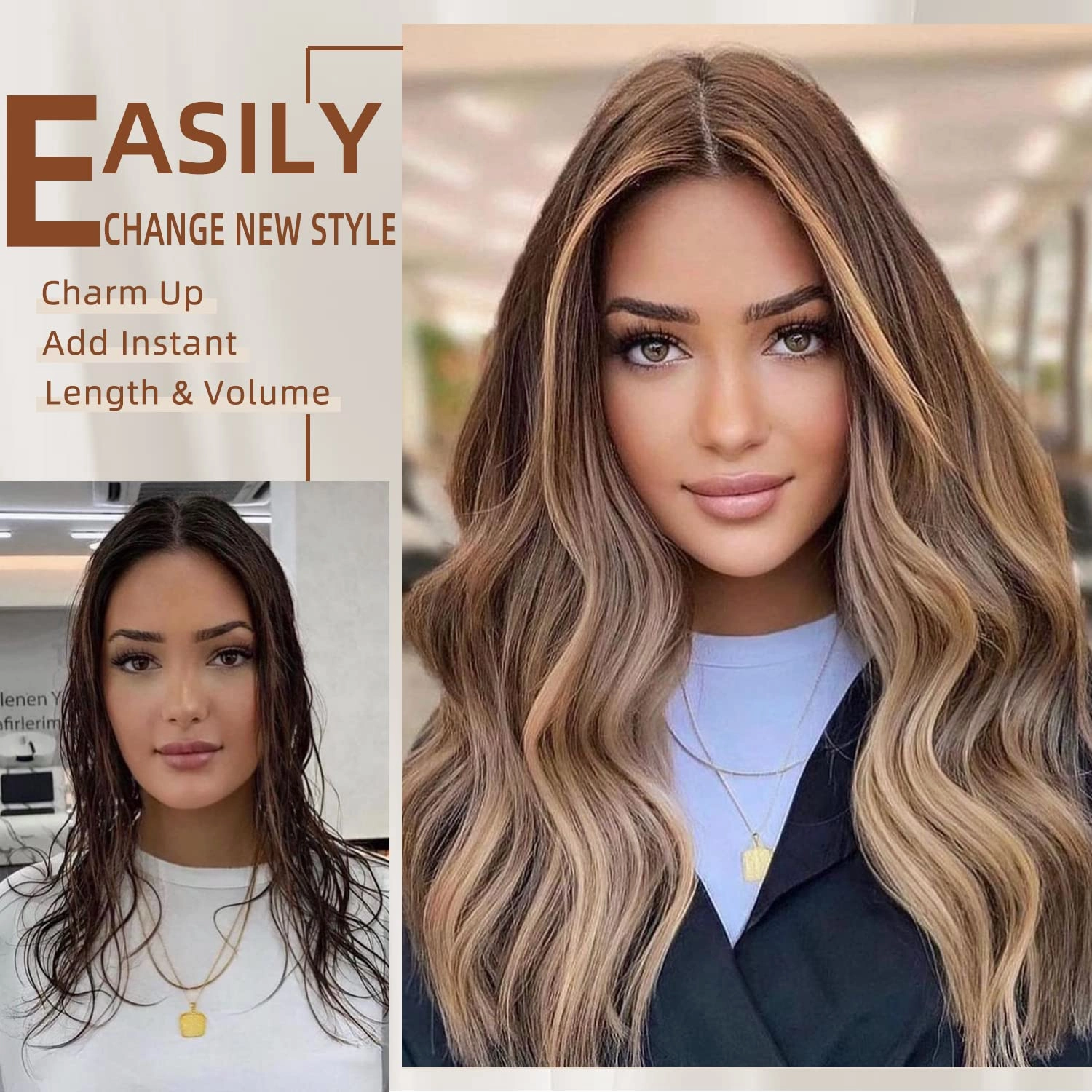 Hair Extensions Clip ins, 6 PCS Wavy Extensions, Light Gray&Ash Blonde&Light Brown Thick Hair, Blends Well Hair Extensions (20Inch, 6PCS, Gray Brown&Ash Blonde)