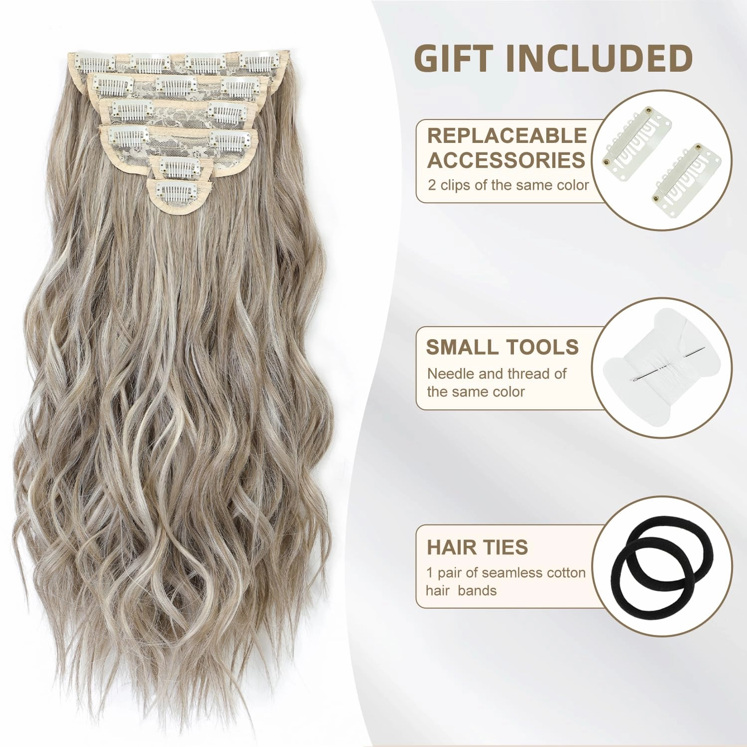 Hair Extensions Clip ins, 6 PCS Wavy Extensions, Light Gray&Ash Blonde&Light Brown Thick Hair, Blends Well Hair Extensions (20Inch, 6PCS, Gray Brown&Ash Blonde)