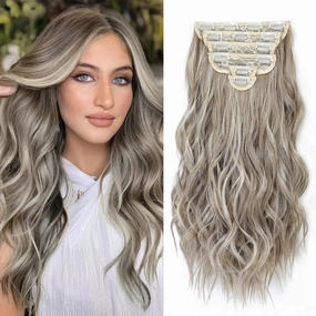 Hair Extensions Clip ins, 6 PCS Wavy Extensions, Light Gray&Ash Blonde&Light Brown Thick Hair, Blends Well Hair Extensions (20Inch, 6PCS, Gray Brown&Ash Blonde)