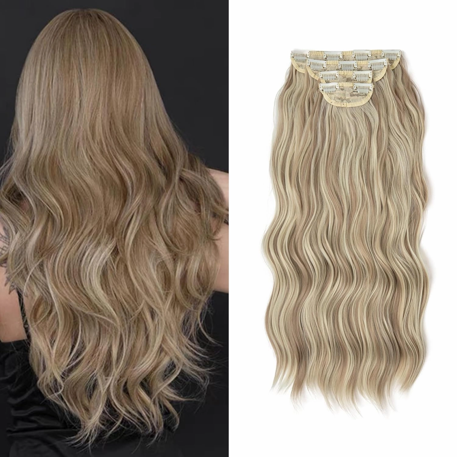 Hair Extensions Long Curly Hair for Women Wavy Clip in Hair Extensions 4 Piece Set 20 Inch Synthetic Hair(Dirty Blonde)