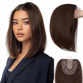 Hair Toppers No Bangs Women Topper with Front Lace 360° Cover Clip-in Synthetic Hairpieces Upgrade Base 13 in Short Straight Bob Wig for Thin Hair Medium Brown