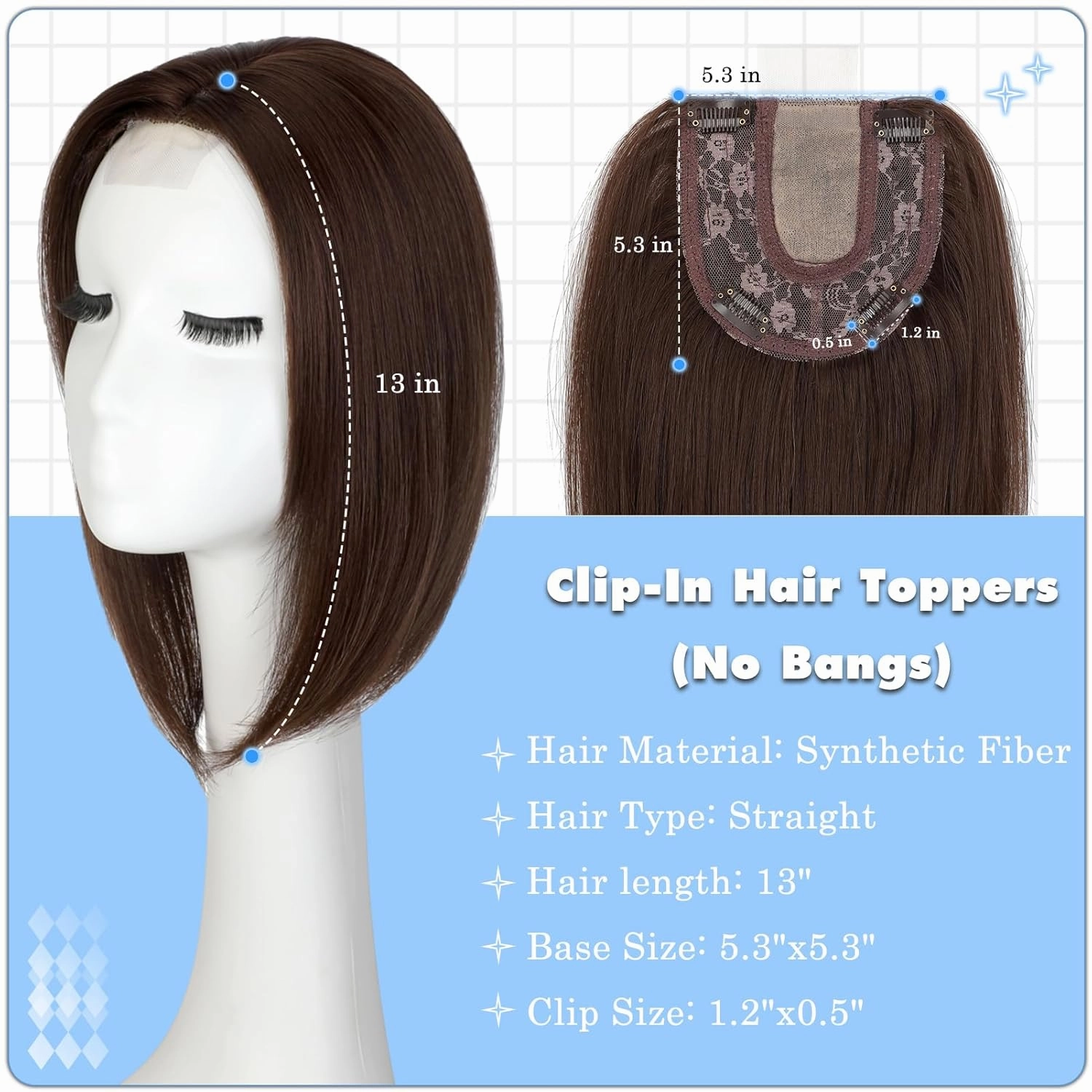 Hair Toppers No Bangs Women Topper with Front Lace 360° Cover Clip-in Synthetic Hairpieces Upgrade Base 13 in Short Straight Bob Wig for Thin Hair Medium Brown