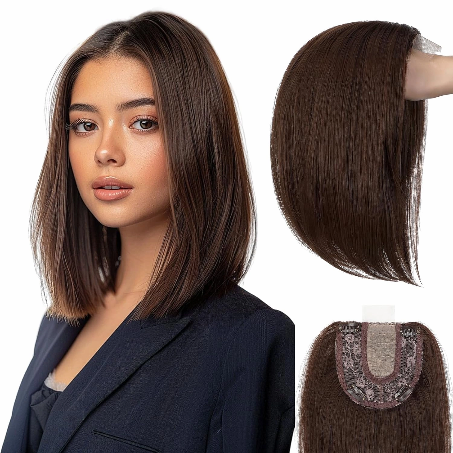 Hair Toppers No Bangs Women Topper with Front Lace 360° Cover Clip-in Synthetic Hairpieces Upgrade Base 13 in Short Straight Bob Wig for Thin Hair Medium Brown