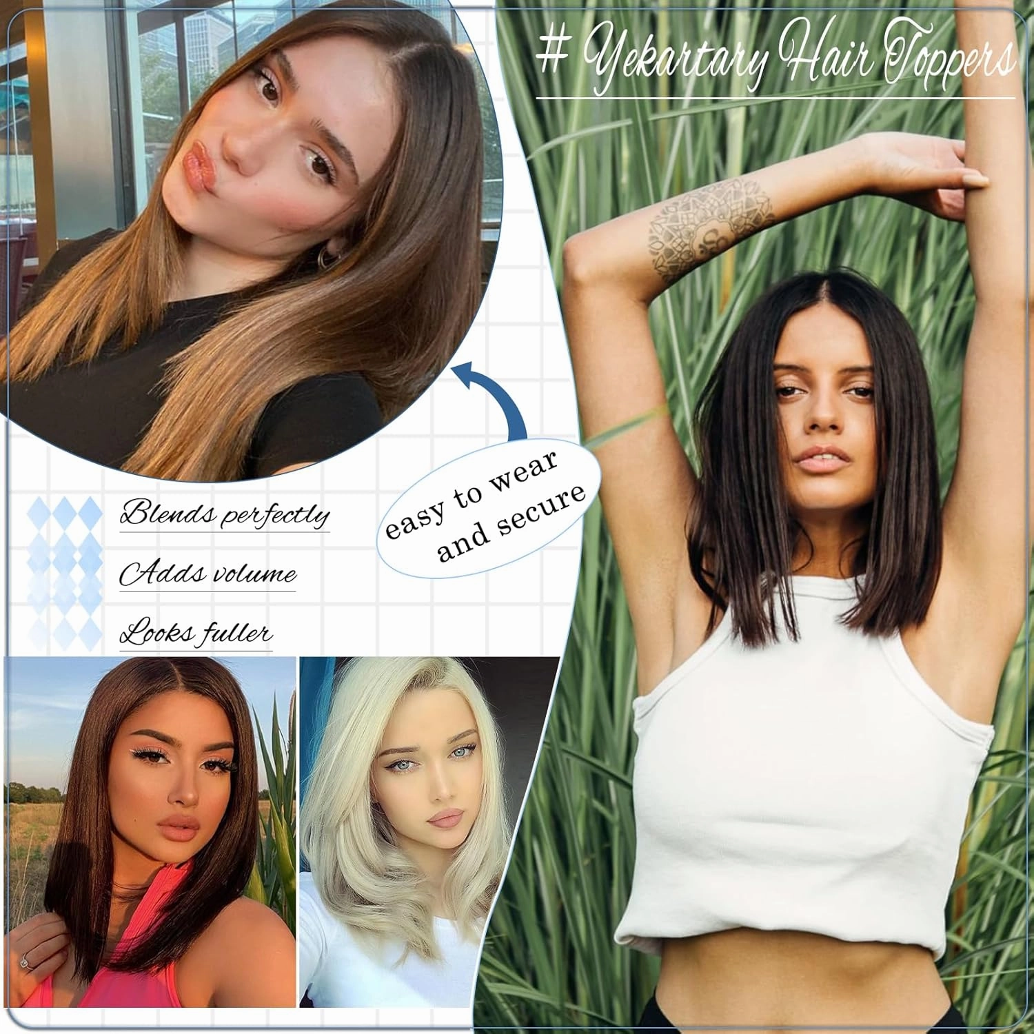 Hair Toppers No Bangs Women Topper with Front Lace 360° Cover Clip-in Synthetic Hairpieces Upgrade Base 13 in Short Straight Bob Wig for Thin Hair Medium Brown