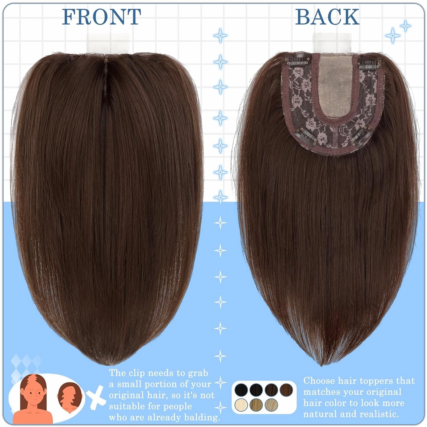 Hair Toppers No Bangs Women Topper with Front Lace 360° Cover Clip-in Synthetic Hairpieces Upgrade Base 13 in Short Straight Bob Wig for Thin Hair Medium Brown