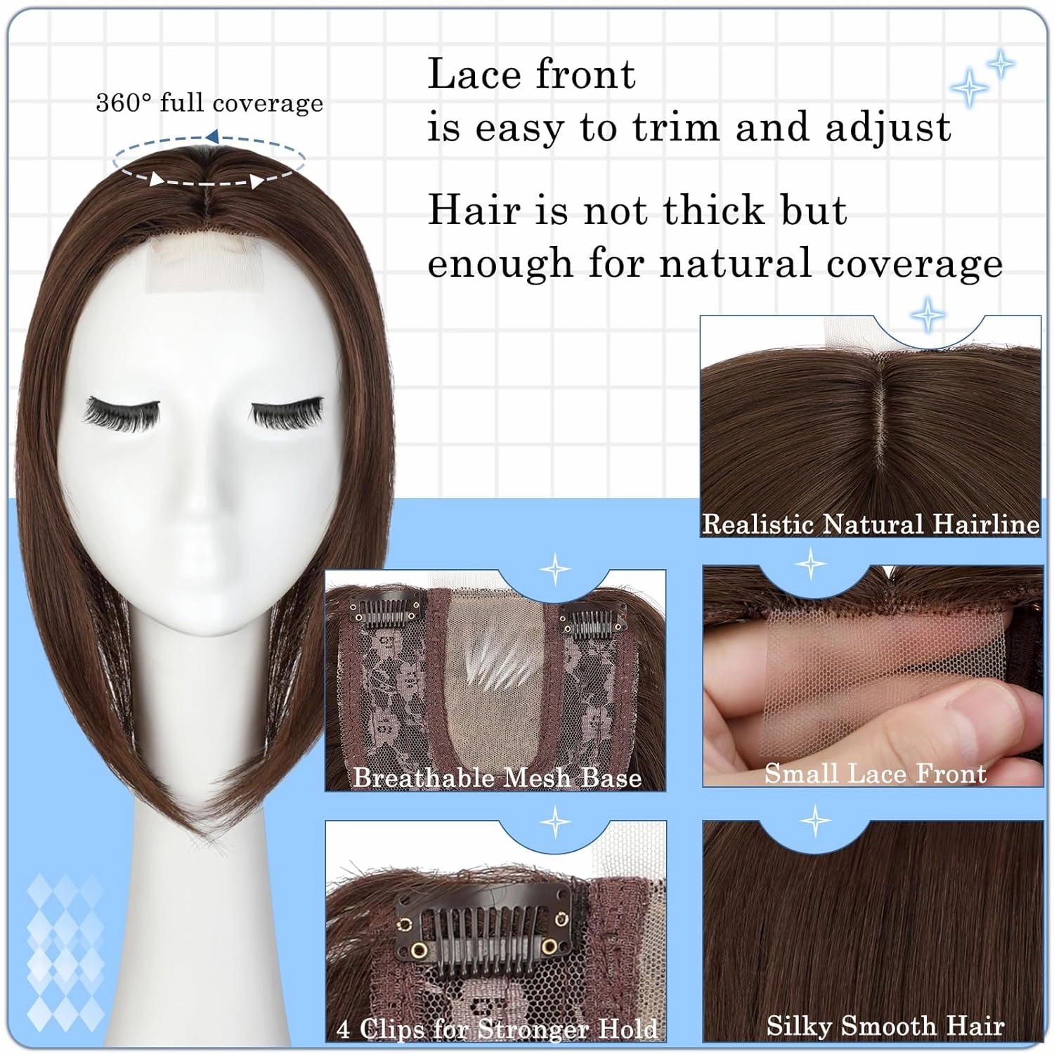 Hair Toppers No Bangs Women Topper with Front Lace 360° Cover Clip-in Synthetic Hairpieces Upgrade Base 13 in Short Straight Bob Wig for Thin Hair Medium Brown
