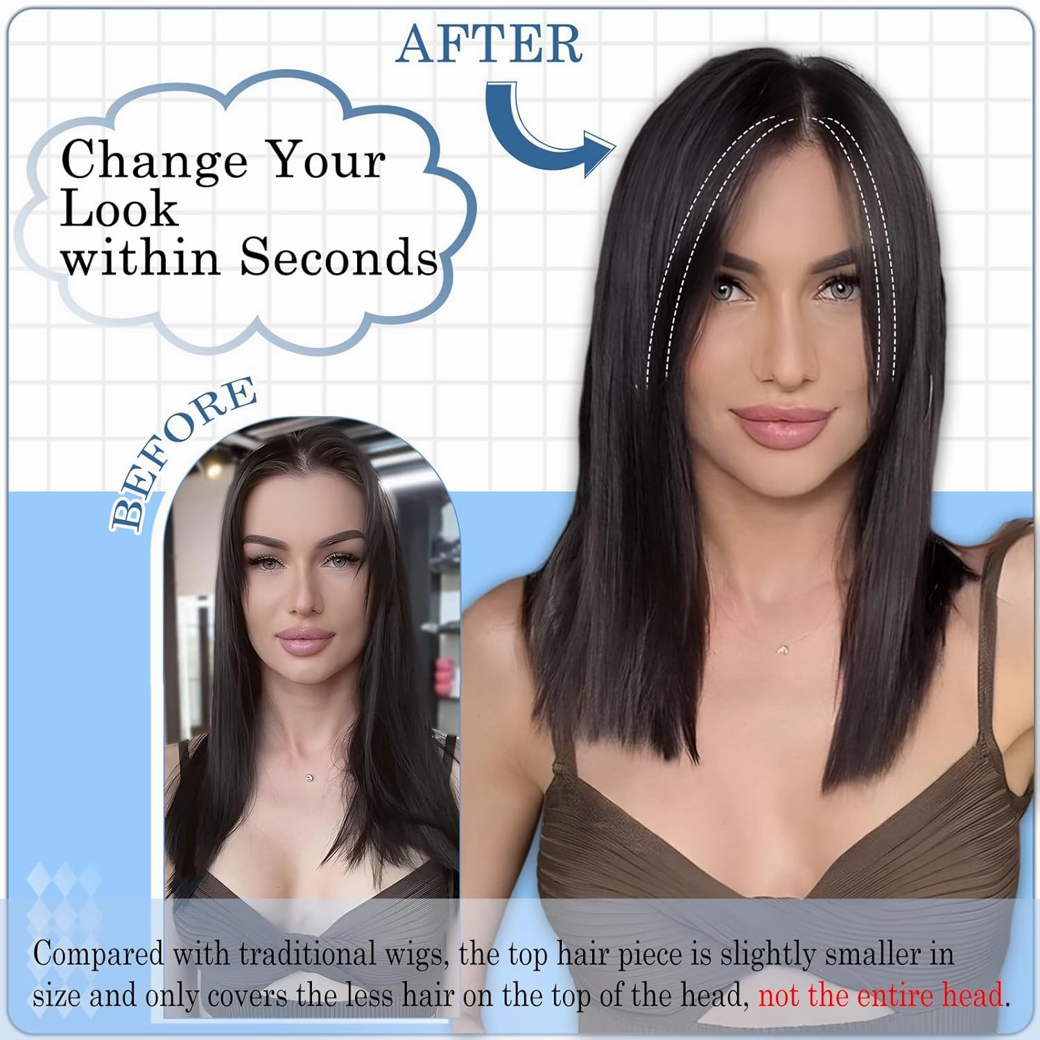 Hair Toppers No Bangs Women Topper with Front Lace 360° Cover Clip-in Synthetic Hairpieces Upgrade Base 13 in Short Straight Bob Wig for Thin Hair Medium Brown