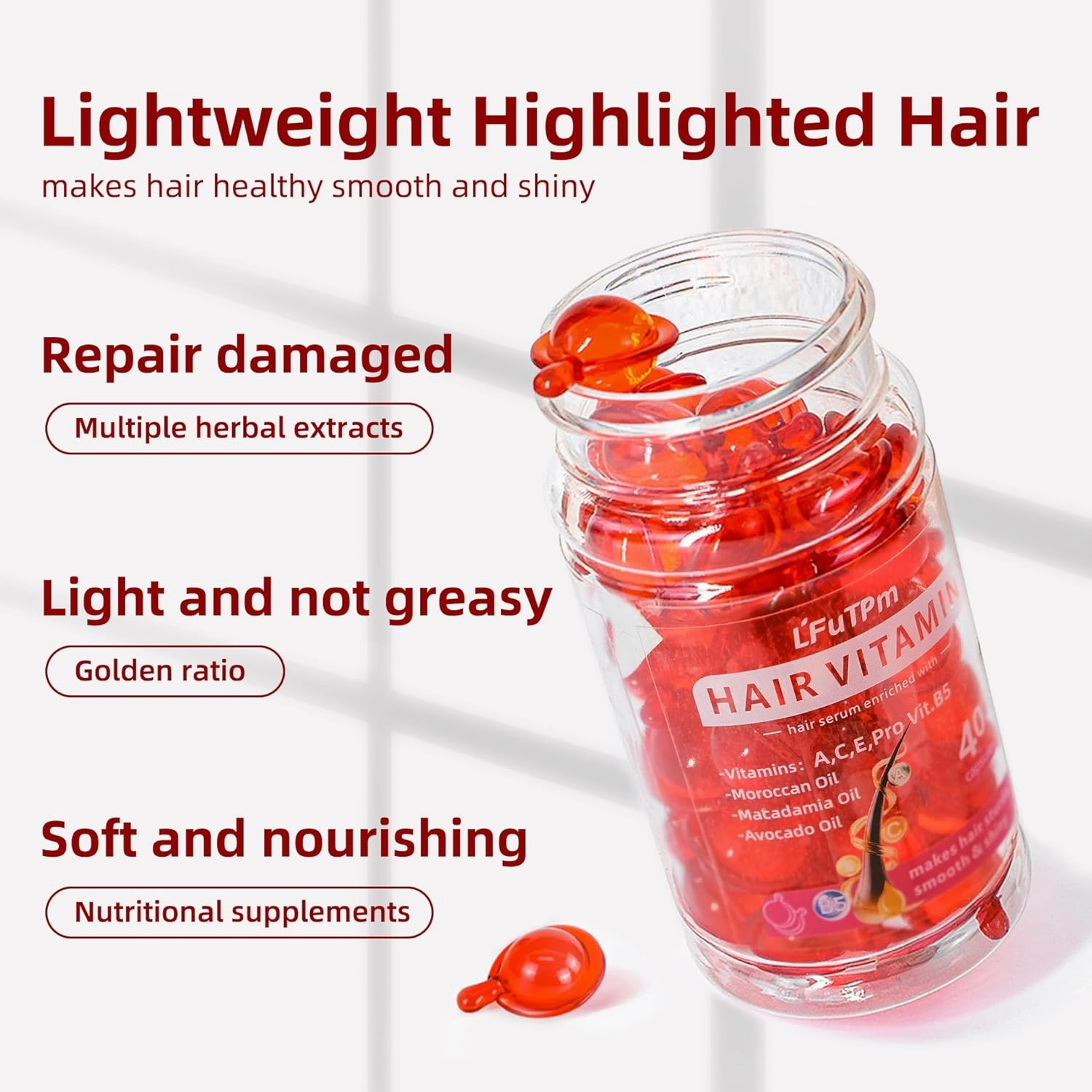 Hair Treatment Serum, 80 Capsules Hair Vitamins A, C, E, B5 - with Argan Macadamia & Avocado Oil for Damaged Hair Repair, Frizz Control, Healthy Hair Treatment for Women & Men