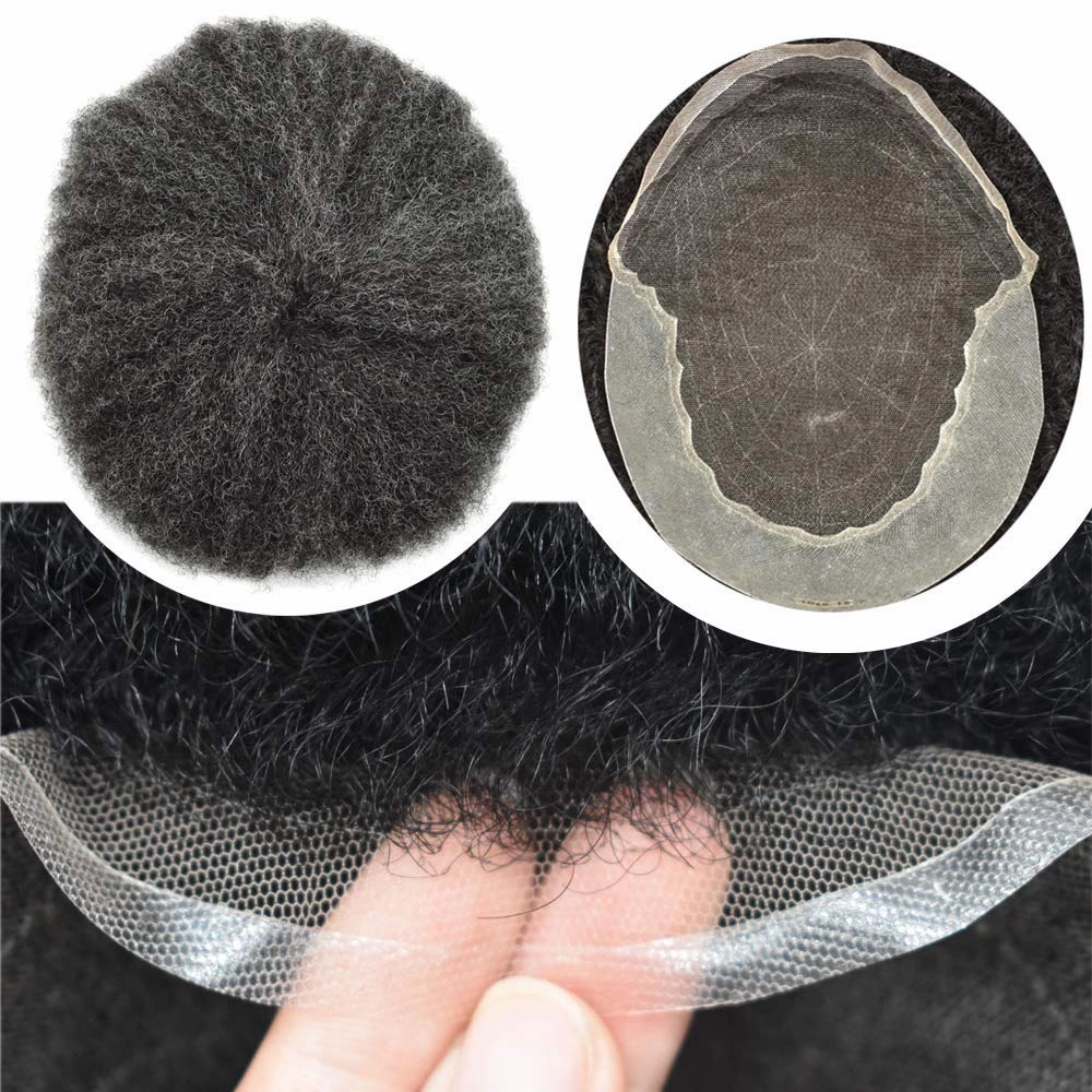 Hair Unit for Black Men Afro Toupee Hair System for Black Men HD Lace Brazilian Real Human Hair Toupee Transparent Afro Hair Piece 8X10 6MM #1B20#1B OFF BLACK 20% GREY