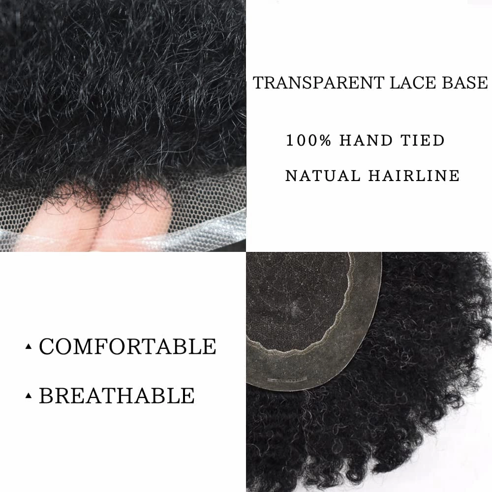 Hair Unit for Black Men Afro Toupee Hair System for Black Men HD Lace Brazilian Real Human Hair Toupee Transparent Afro Hair Piece 8X10 6MM #1B20#1B OFF BLACK 20% GREY
