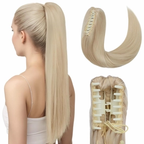 Hairro Claw Clip In Ponytails Extensions Jaw On Real Hair Ponytail Long Jaw/Claw Pony Tail With Clips Hairpieces For Women 14 Inch 105g #60 Platinum Blonde