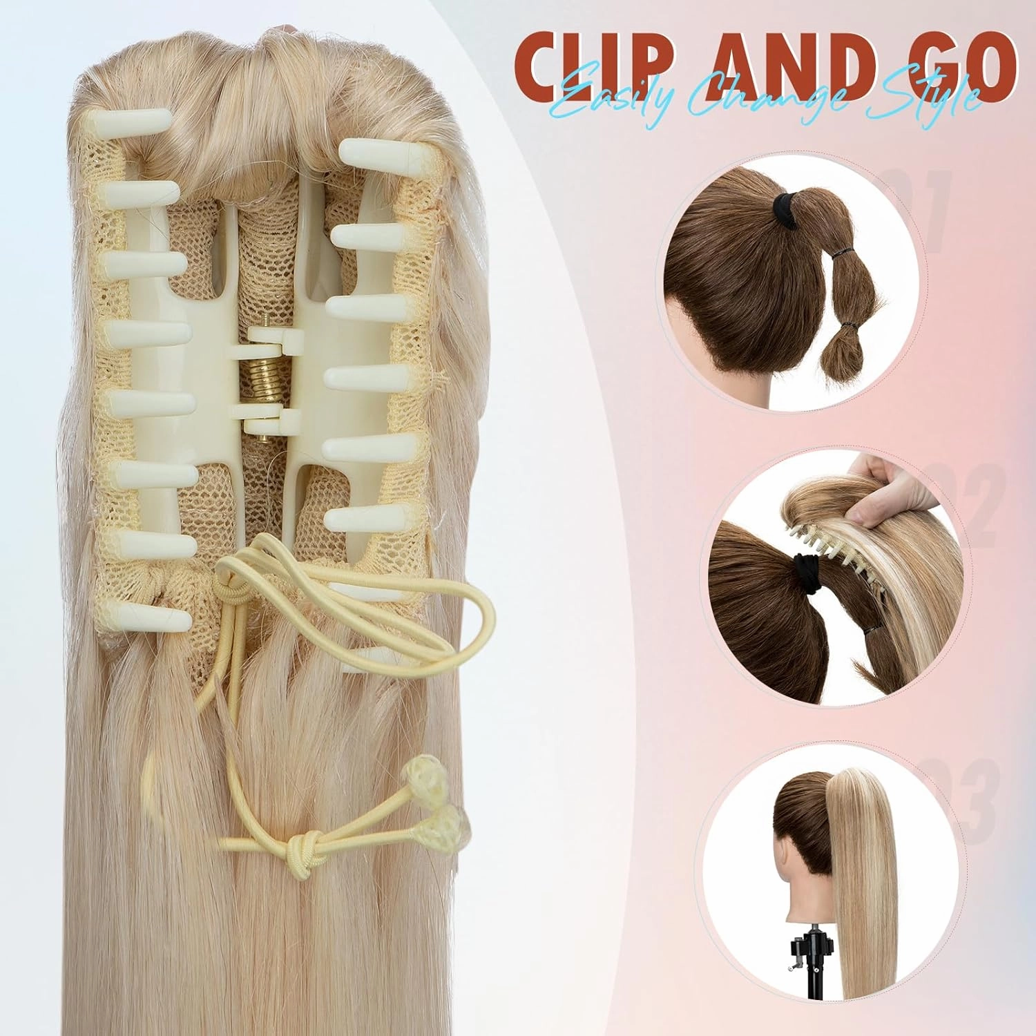 Hairro Claw Clip In Ponytails Extensions Jaw On Real Hair Ponytail Long Jaw/Claw Pony Tail With Clips Hairpieces For Women 14 Inch 105g #60 Platinum Blonde