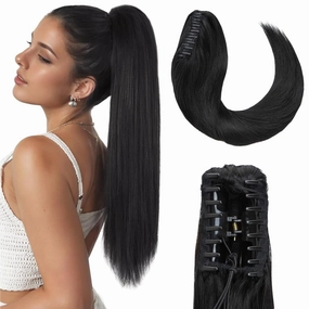 Hairro Ponytail Hair Extensions Claw Clip In Ponytails Jaw On Ponytail Extensions 100% Real Human Hair Long Straight Jaw/Claw Clips Pony Tail Hairpieces For Women 14 Inch 105g #01 Dark Black